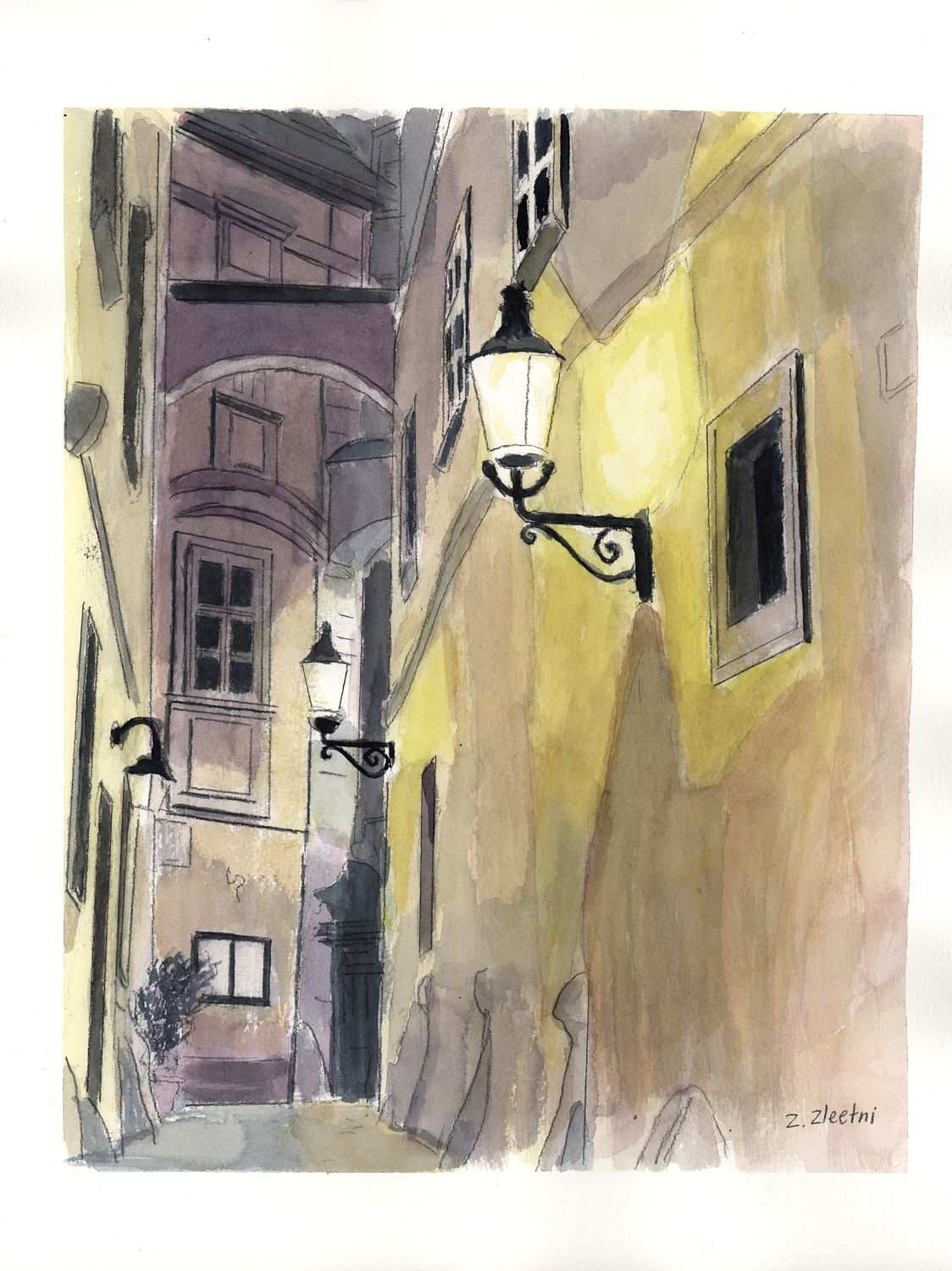Griechengasse bei Nacht Watercolor