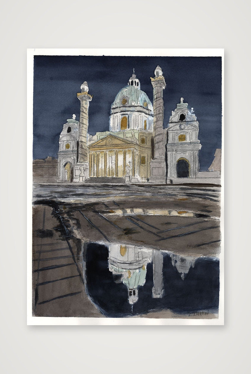 Karlskirche bei Nacht — 42×59cm, 17×23" Print only
